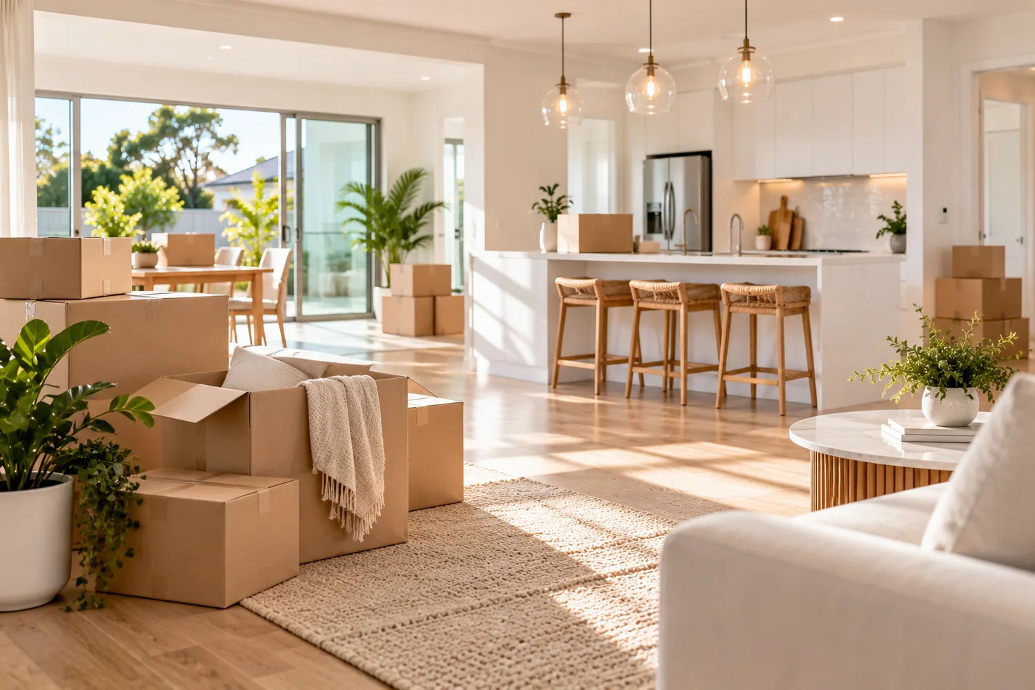 Beautifully presented home with moving boxes before a sale